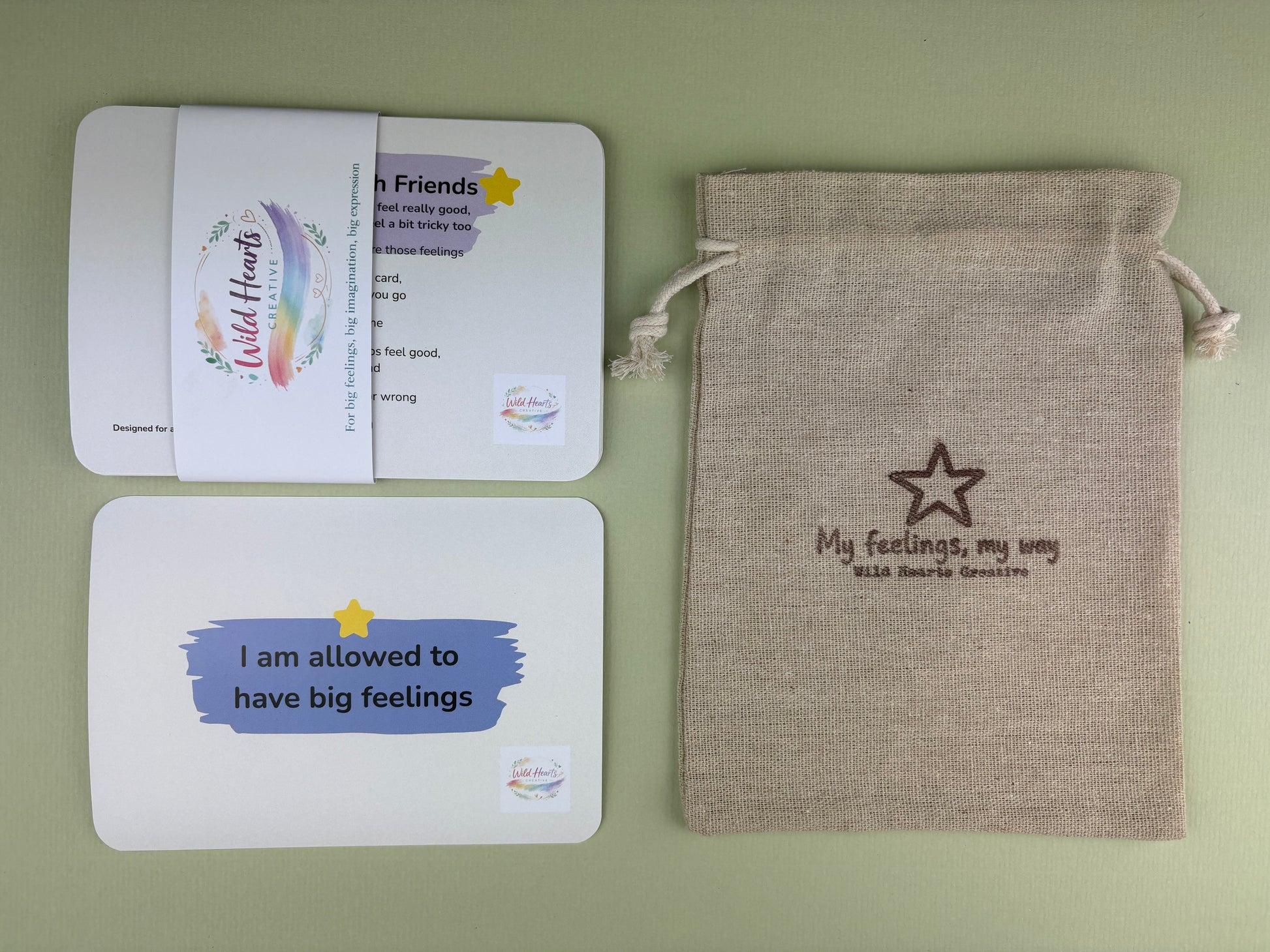 Wild Hearts Creative navigating childhood friendships support card collection with affirmation cards and drawstring pouch on a sage green background.