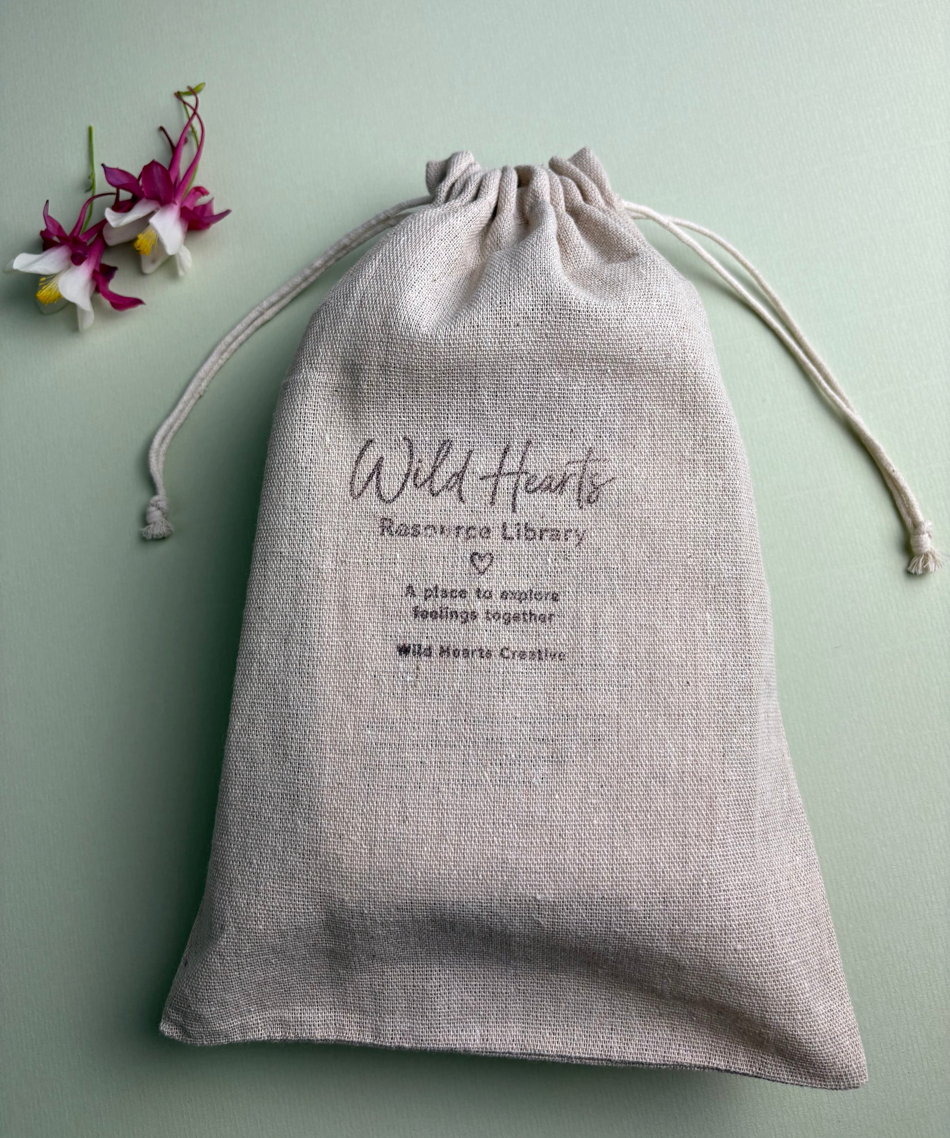 Wild Hearts Creative Resource Library drawstring bag containing emotional literacy, wellbeing and reflection card resources for schools.