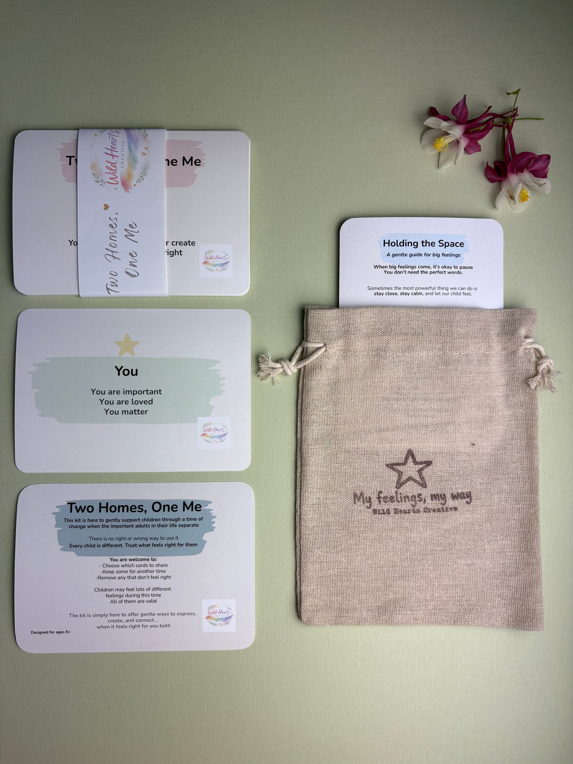 Divorce and parent separation support kit for children to process feelings and deal with change of living across two homes.  Gentle support cards with relevant affirmation cards and prompts with brown drawstring bag.  Representation to children they are no alone when parents are going through divorce and separation 