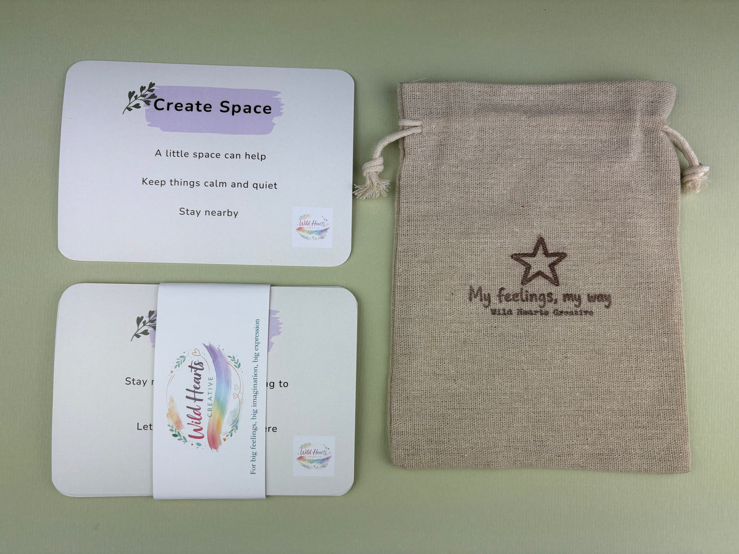 Close up of Cards and Drawstring Pouch for Adult regulation around children and finding calm when parenting is hard