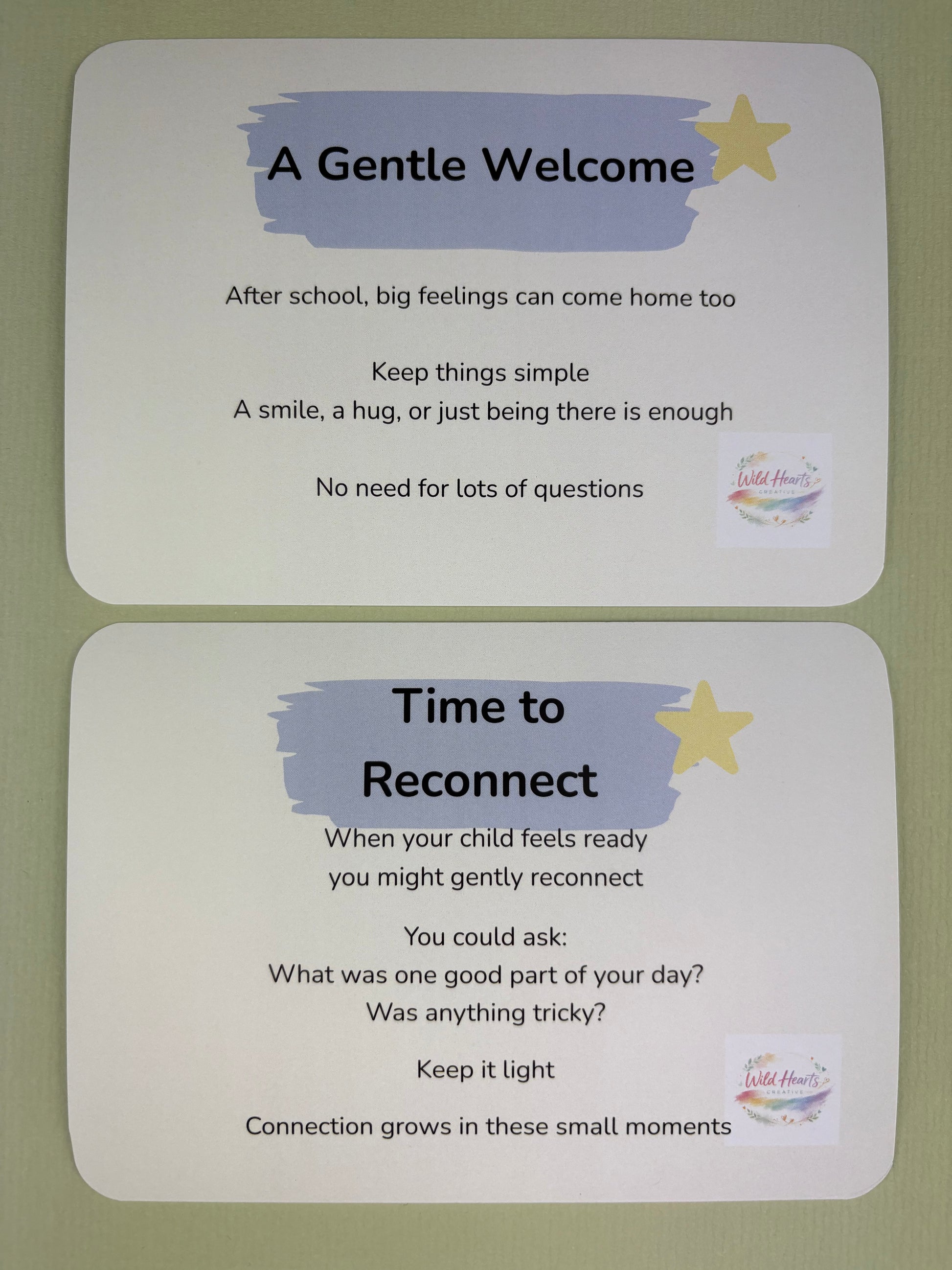 Close up of after school reset kit by Wild Hearts Creative, from school to home, supporting after school restraint, beautiful support cards