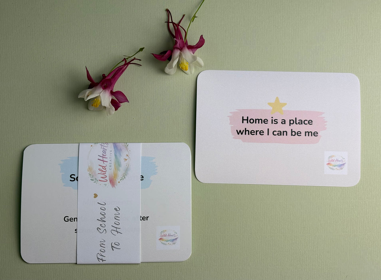 An affirmation card to support children with after school restraint collapse.  Part of the Mini Moments range by Wild Hearts Creative, From School to home kit.  Presented with beautiful belly band and logo 
