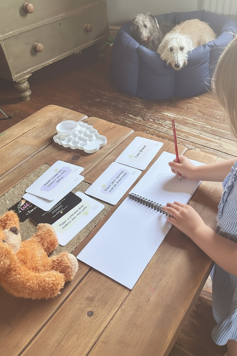 Child sitting at a wooden table creating paint your worries away kit by wild hearts creative.  Affirmation cards and sketchbook with two dogs in a blue pet bed in the background.