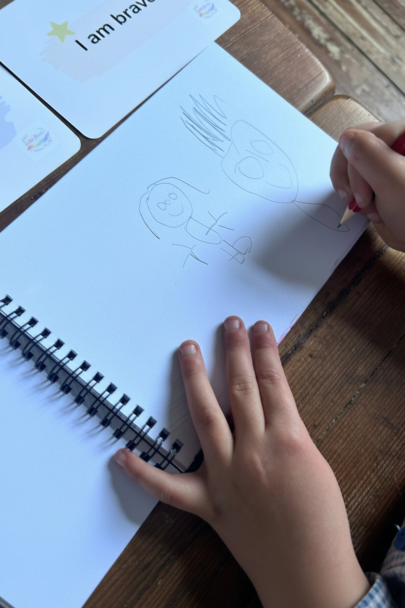 Child drawing what makes them feel brave, showing understanding of feelings, processing big feelings through creative expression