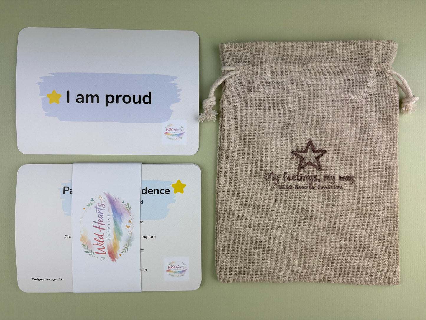 Educational Paint Your Confidence Cards with drawstring branded bag for schools and parents to use with children helping them develop through repeating affirmations for example I am proud