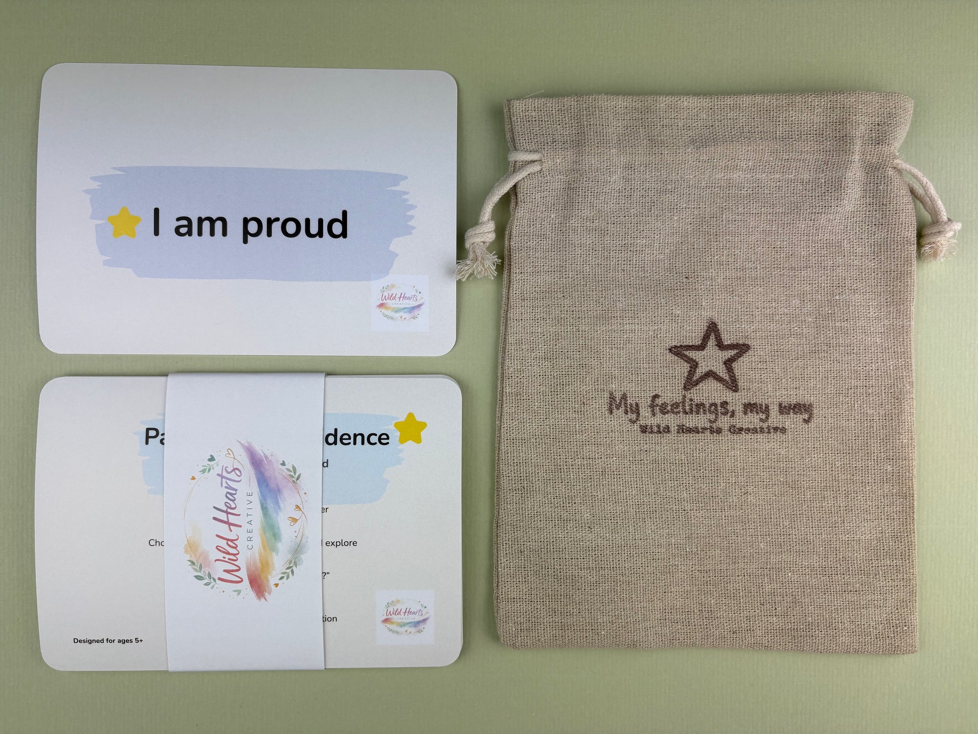 Educational Paint Your Confidence Cards with drawstring branded bag for schools and parents to use with children helping them develop through repeating affirmations for example I am proud