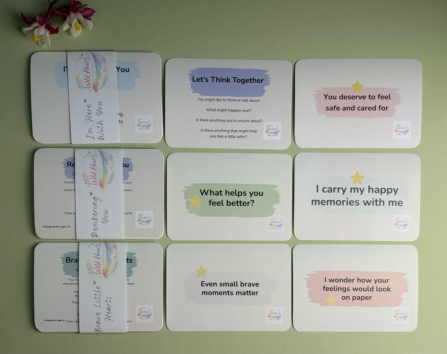 Three Wild Hearts Creative reflection card packs displayed on a sage background, including grief, hospital and care-experienced child support resources.