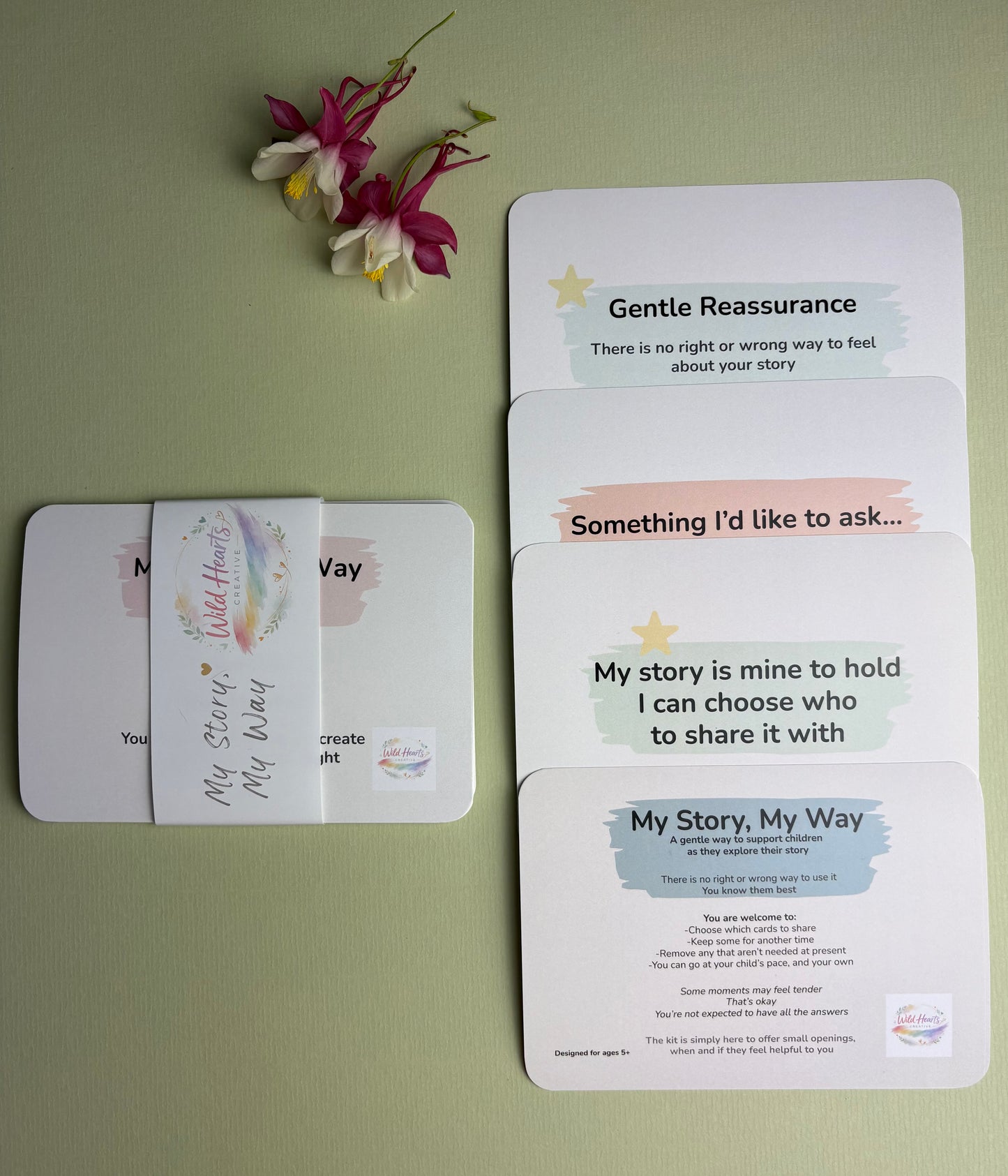Wild Hearts Creative My Story, My Way adoption support cards featuring reflection prompts, reassurance cards and gentle conversation starters. Designed to help adopted children explore identity, belonging, life story work and adoption-related feelings in a child-centred and supportive way.