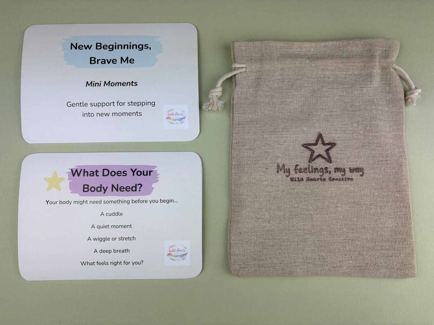 Starting school, Children New Beginnings Gentle Prompt kit with affirmation, up close card image with branded feelings drawstring bag