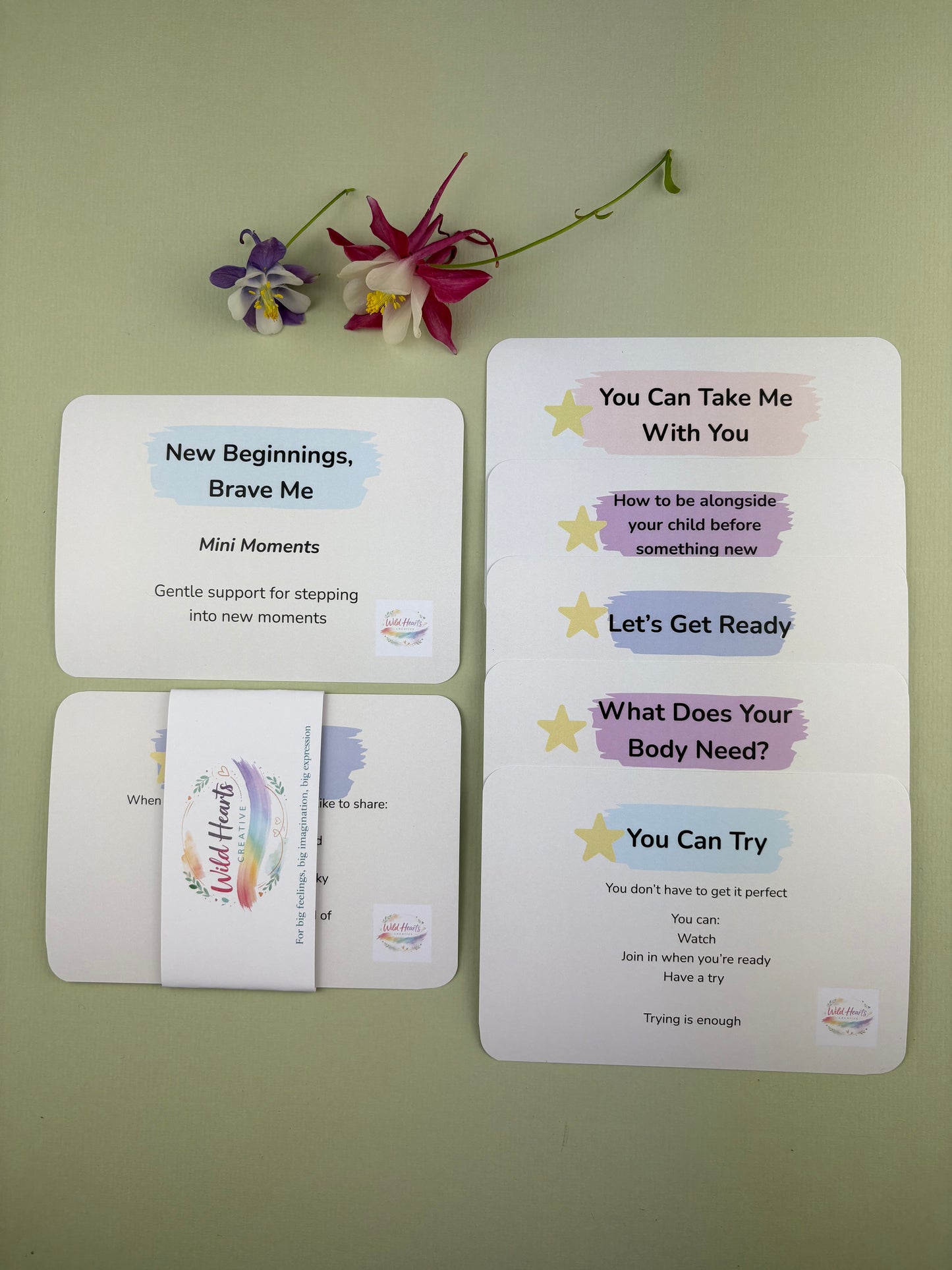 Flat lay of the New Beginnings, Brave Me Mini Moments support kit for children, featuring calming prompt cards, reassurance cards, and Wild Hearts Creative packaging