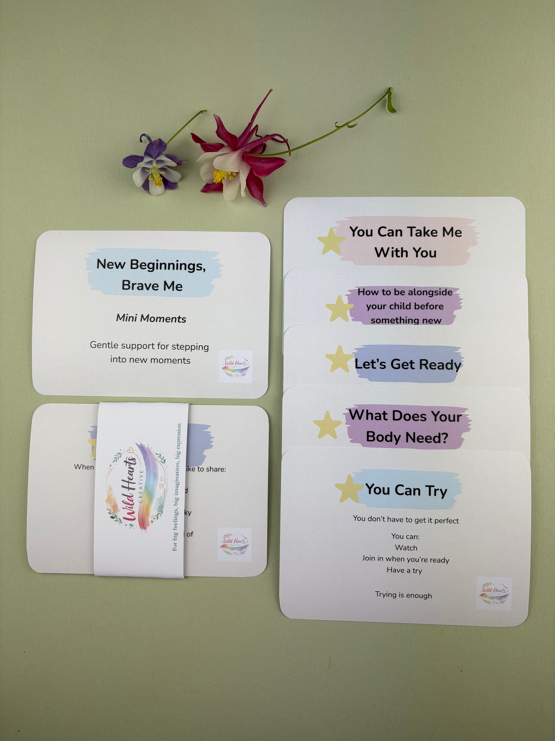 Flat lay of the New Beginnings, Brave Me Mini Moments support kit for children, featuring calming prompt cards, reassurance cards, and Wild Hearts Creative packaging