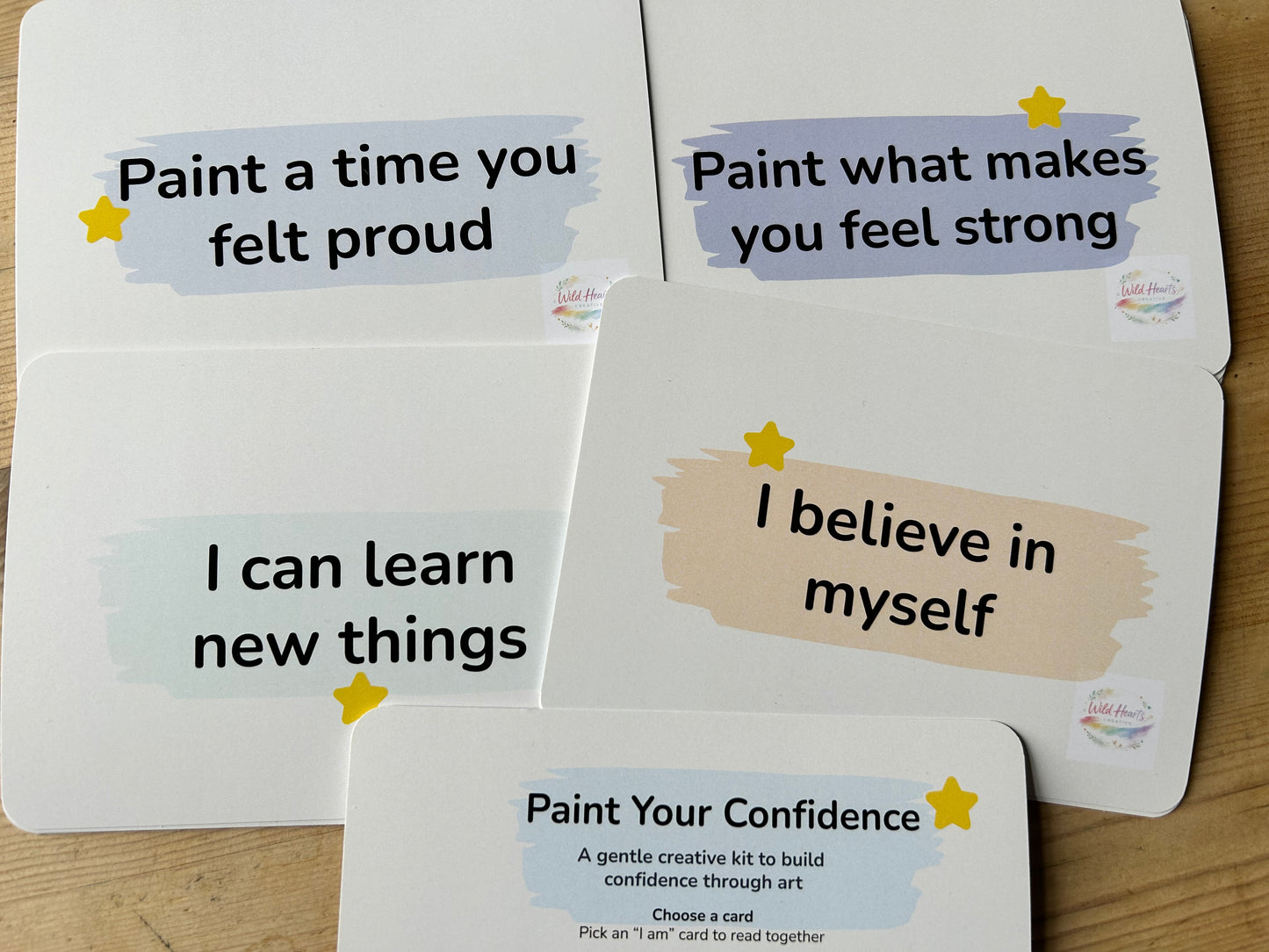 Set of cards with motivational phrases on a wooden surface  Confidence affirmations, emotional wellbeing kit children, more than words, painting feelings, processing emotions