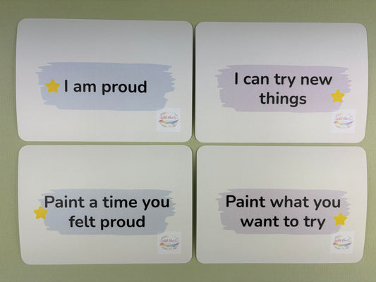 Close up of Paint Your Confidence cards supporting children grow confidence through creative art with cute stars and gentle colours