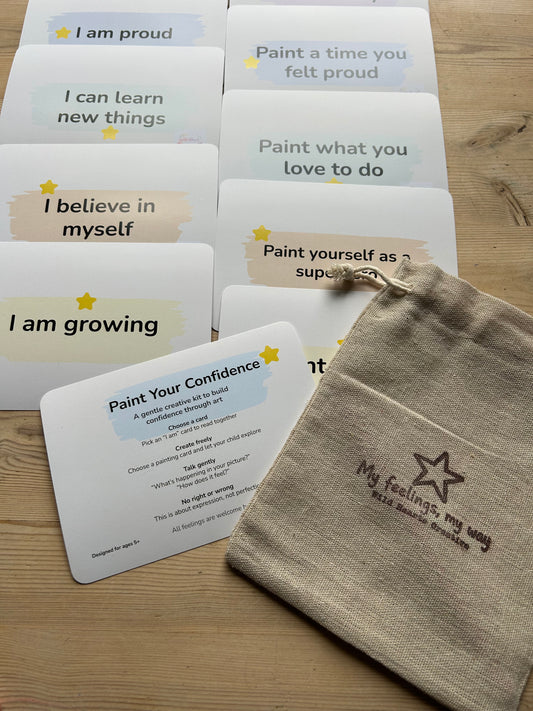 Brown fabric pouch with embroidered text next to motivational affirmation and prompt cards by Wild Hearts Creative, More than words, My Feelings, My Way