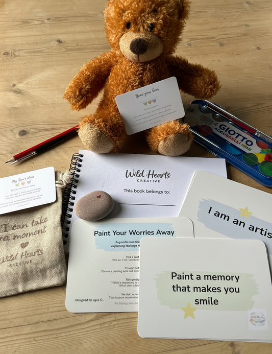 Children's Worry Kit, More than Words, Support kit for children's expression anxiety support, emotional wellbeing toolkit, grounding worry stone, affirmations, creative expression, art supplies, sketchbook, comfort teddy, meaningful gift, gentle parenting tools, help for children's worries, positive support in a gentle way
