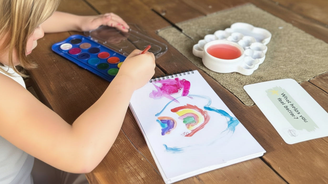 Child painting rainbow to feel better, emotional affirmations using creativity