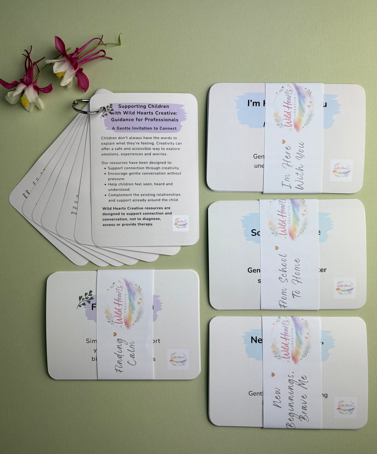 Close-up view of Wild Hearts Creative guidance cards and Mini Moments resources supporting emotional literacy, regulation and school transitions.