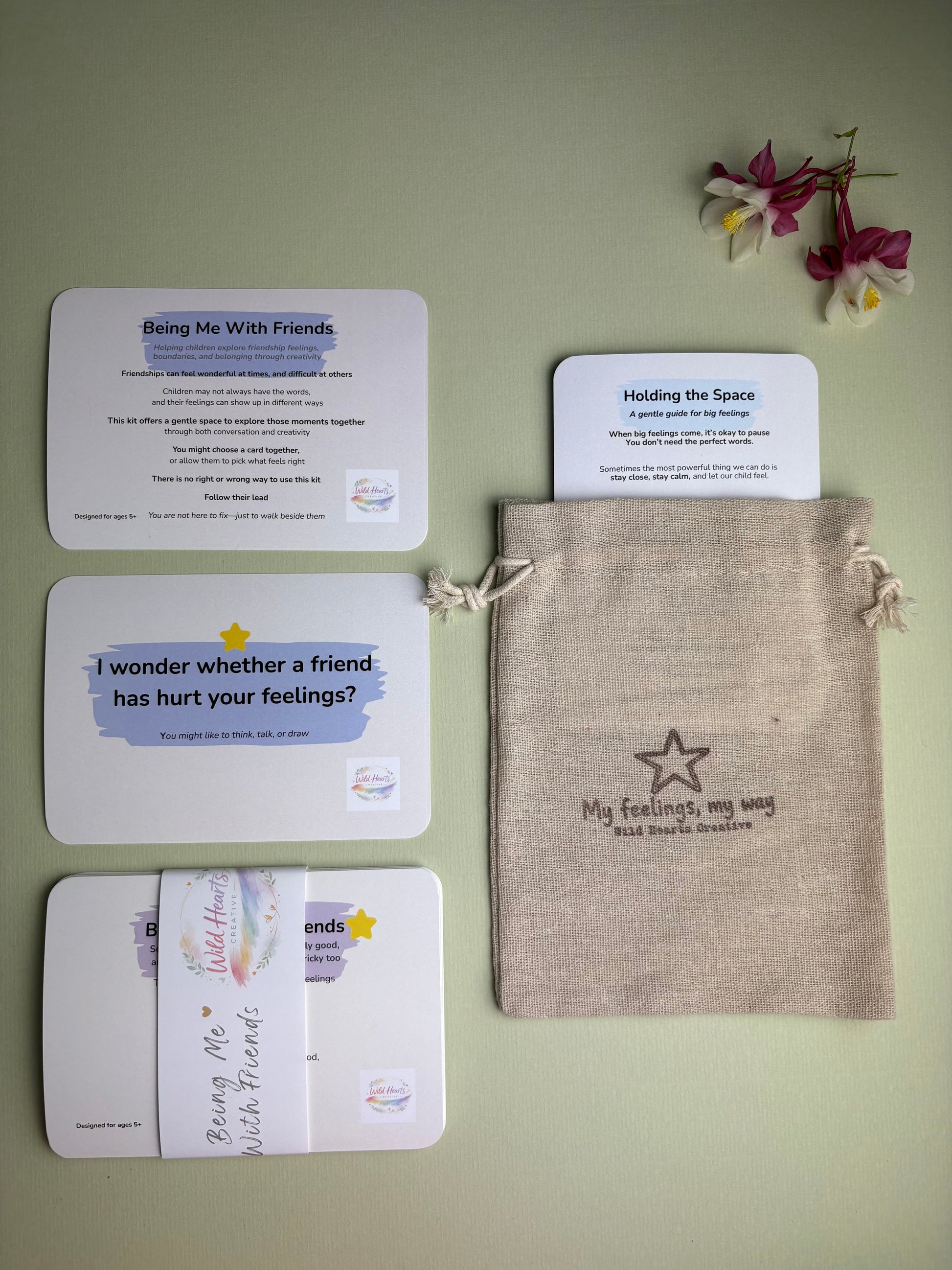 Being Me, With Friends, relationship support kit for children.  Supporting healthy friendships and boundaries and finding friends that are best for their feelings.  Cards and brown drawstring branded pouch