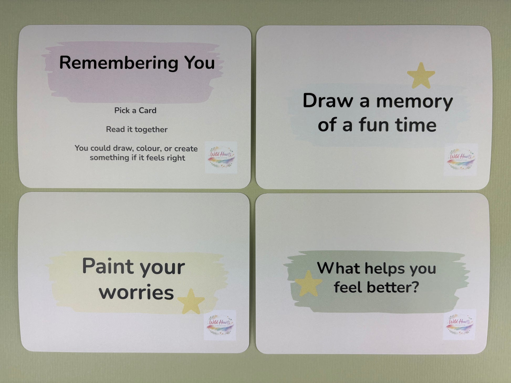 Reflection cards for children to process grief, up close look of cards.  Helping children with bereavement through gentle prompts about fun memories and feeling better