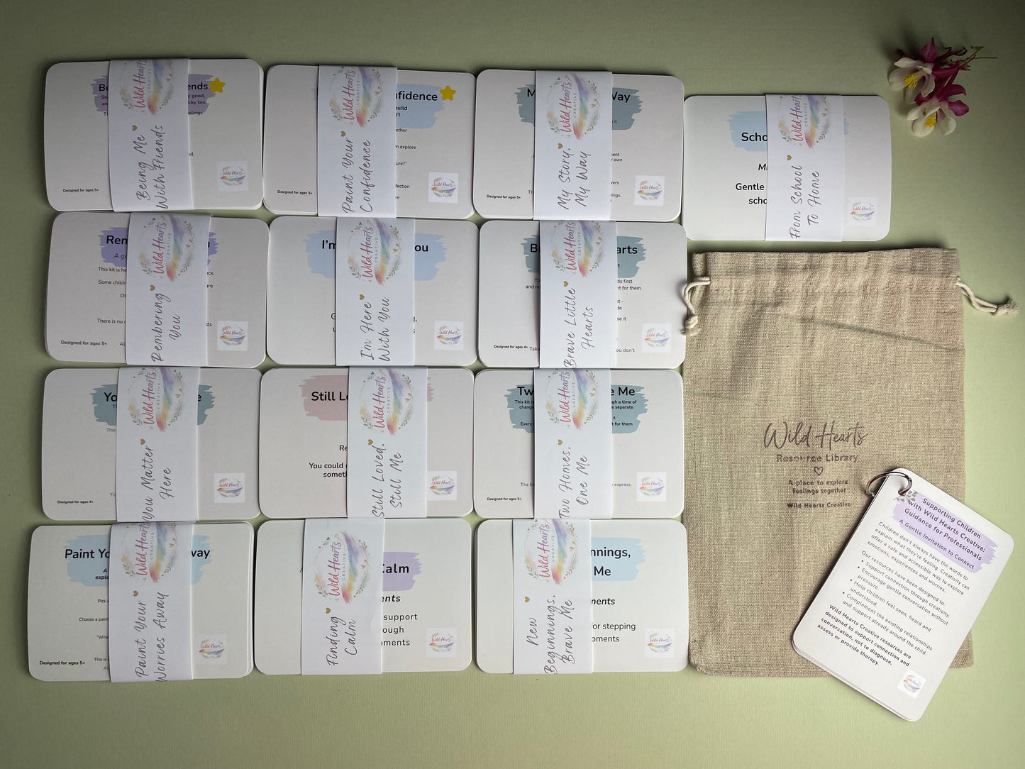 Wild Hearts Creative Resource Library featuring themed reflection card collections, professional guidance cards and branded storage bag for schools and professionals.