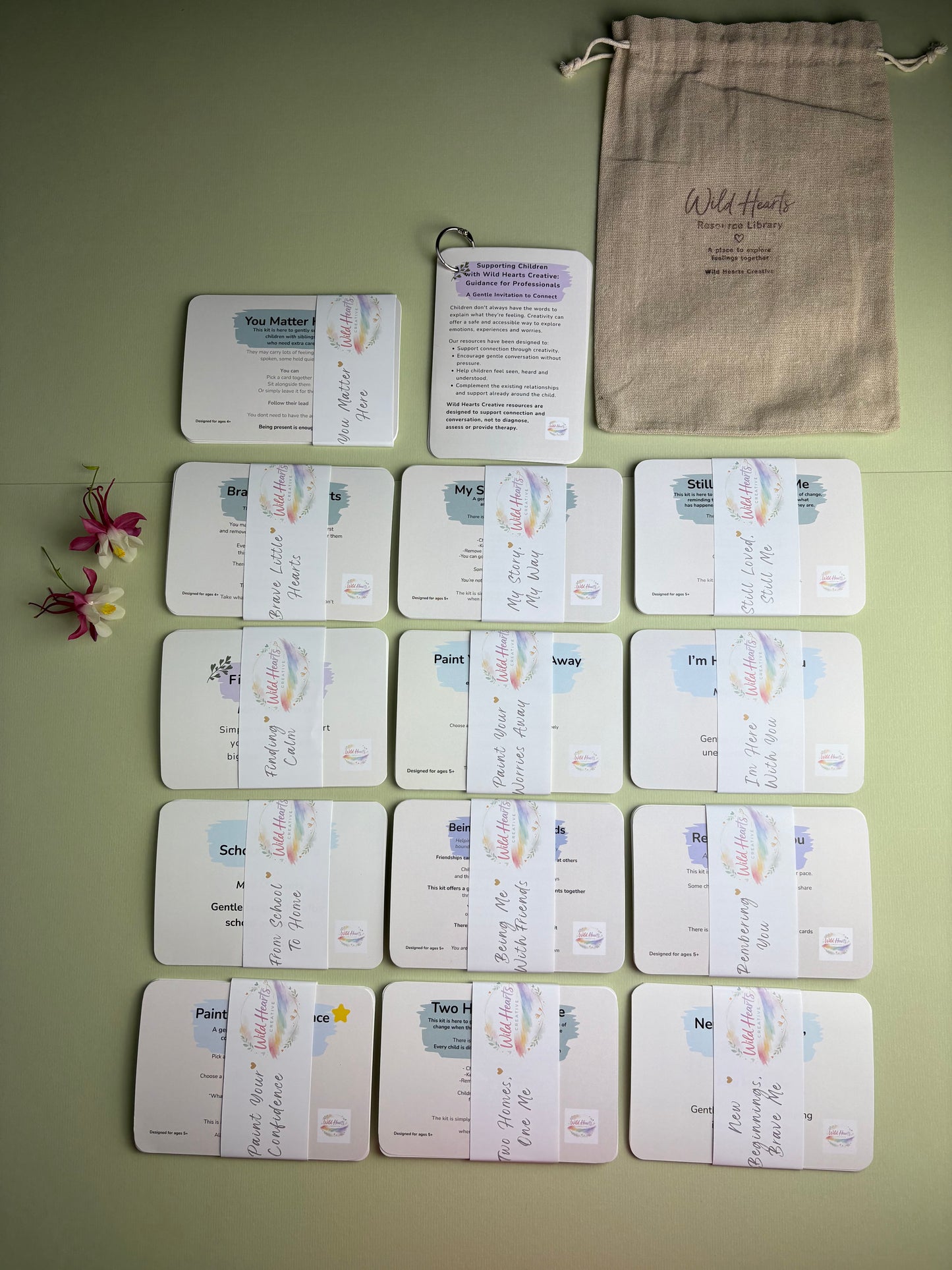 Complete Wild Hearts Creative Resource Library displayed with themed reflection card collections, guidance cards and branded storage bag.