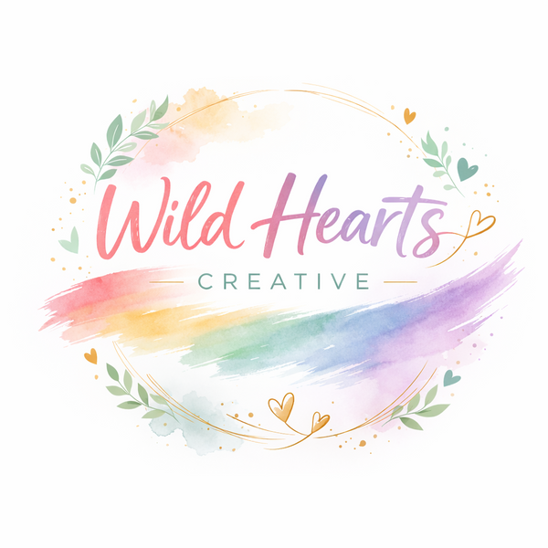 Logo for 'Wild Hearts Creative' with colorful watercolor design on a white background