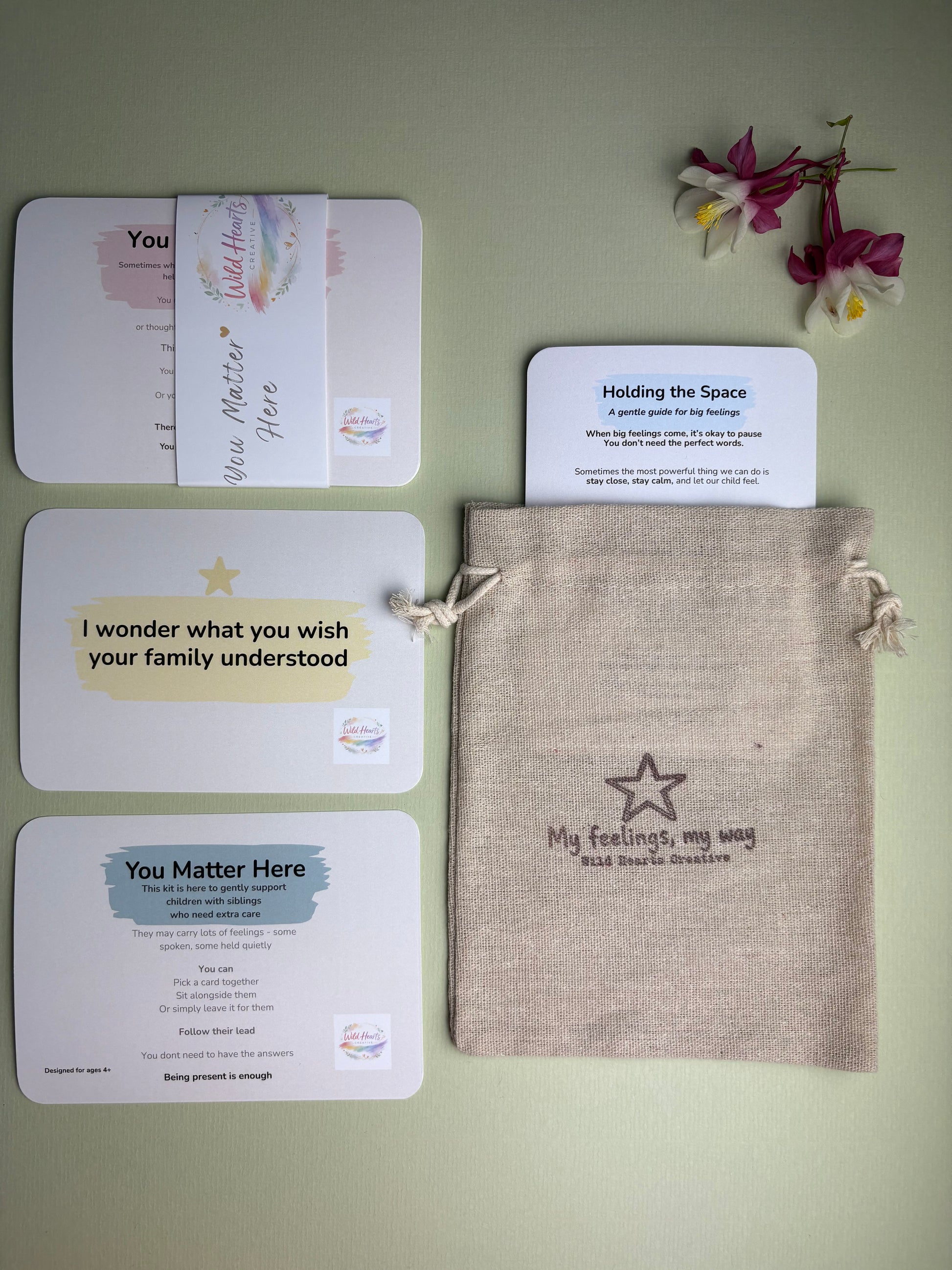 You Matter Here cards and brown branded drawstring bang for siblings of children with disability, SEN, illness where parents worry that they don’t get as much time and attention in family.  Young carers 
