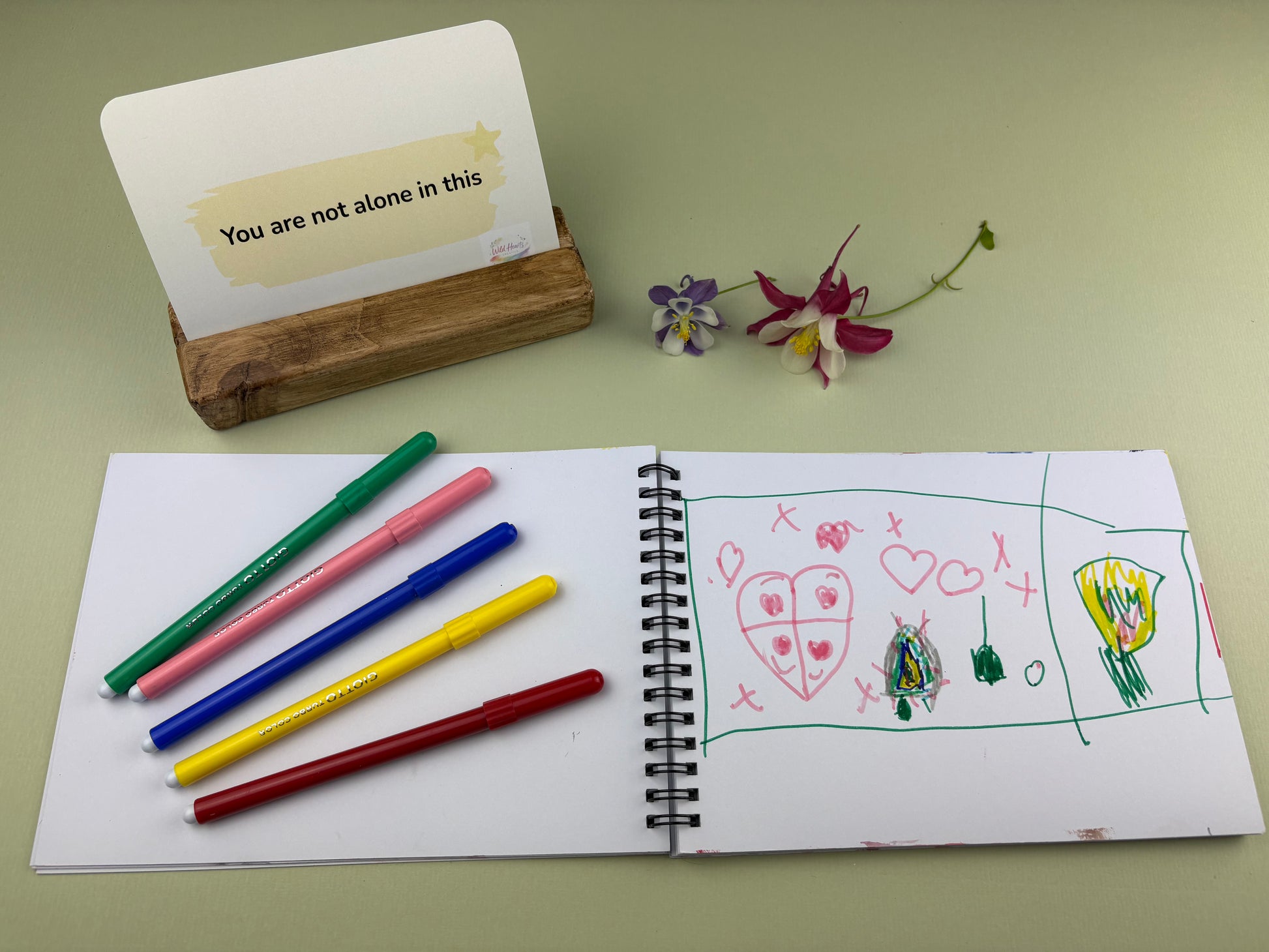Reassurance card for children when going through change.  Creative Kit, with open sketchbook with drawings, coloured Giotto pens, and a card on a green surface.  You are not alone by Wild Hearts Creative