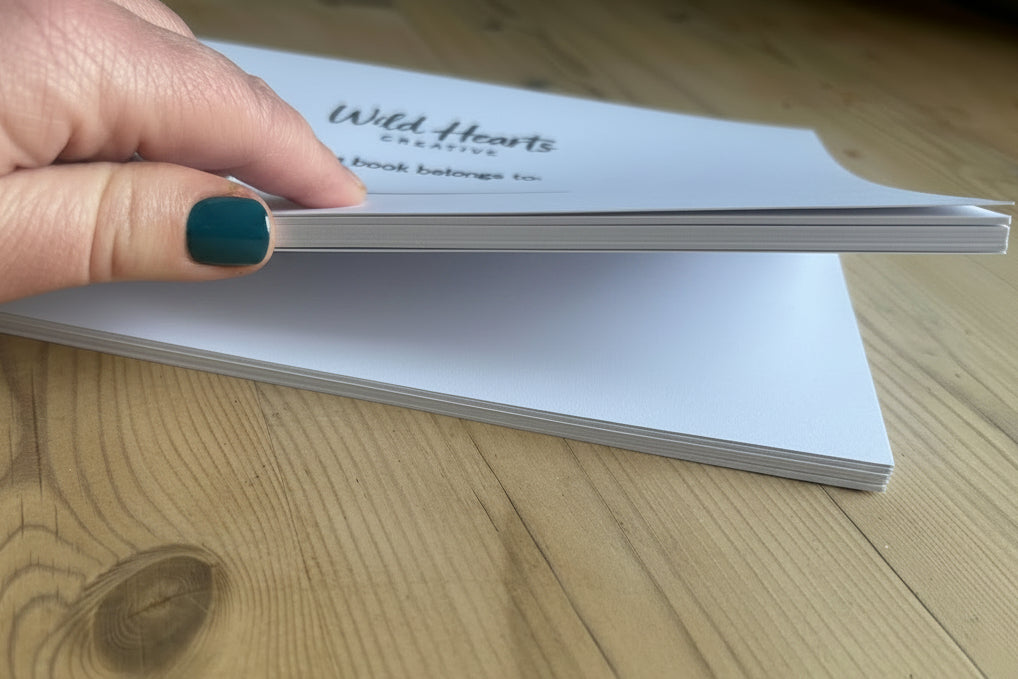 Card quality 300gsm sketchbook, branded by hand stamp, this book belongs to 