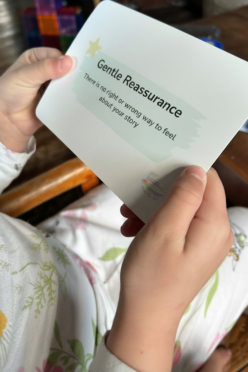 child holding affirmation reassurance card, part of my story my way kit by wild hearts creative